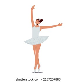 La belleza del ballet clásico, la mujer feliz en los zapatos de Tutu y Pointe están en posición. Carácter practicando danza, entrenamiento de niñas en la escuela aislado de fondo blanco. Ilustración de vectores de personas de caricatura