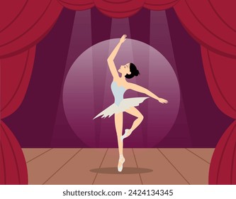 Beauty of classic ballet.A graceful ballerina performs on the theater stage.  A classical dancer performs on stage. Ballerina dancing in pointe shoes.