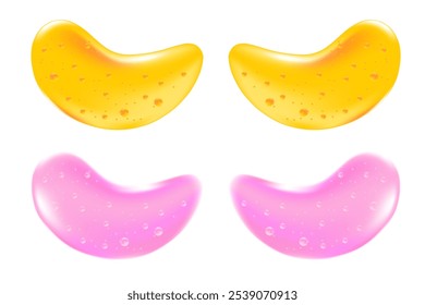 Beleza clara rosa, ouro, amarelo hidrogel manchas olhos com textura gel isolado, fundo transparente. ícone de máscara facial de levantamento coreano, produto cosmético para spa, hidratante, tratamento de cuidados com a pele.