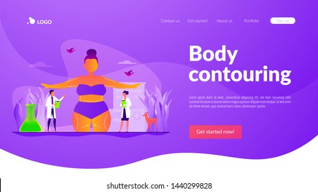 Beauty clinic, liposuction procedure, appearance change. Patient and doctors. Body contouring, body correction surgery, body plastic service concept. Website homepage header landing web page template.