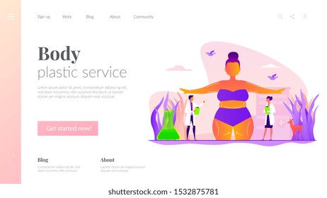 Beauty clinic, liposuction procedure, appearance change. Patient and doctors. Body contouring, body correction surgery, body plastic service concept. Website homepage header landing web page template.