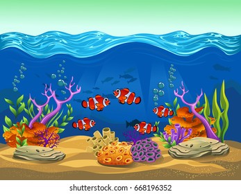 beauty clown fish and coral. vector illustration of the sea. cartoon