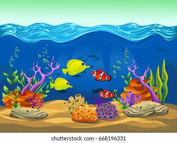 beauty clown fish, yellow tang and coral. vector illustration of the sea. cartoon