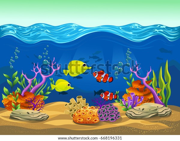 beauty clown fish, yellow tang and coral. vector\
illustration of the sea.\
cartoon