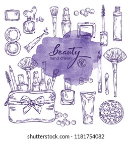 Beauty collection with cosmetics . Vector hand drawn illustration