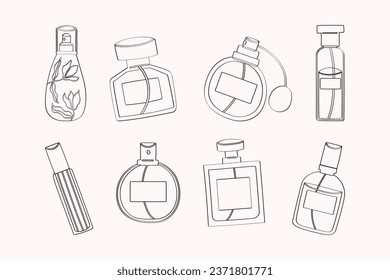 Beauty collection of hand drawn flat bottles of perfume elements illustration