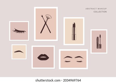 Beauty collection minimal art backgrounds, prints, covers, logo for social media, makeup artist. Makeup brushes, lashes, brows, lips, eyes, lipstick, mascara icons	