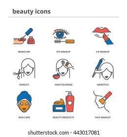 Beauty Color Vector Icons Set: Manicure, Eye And Lip Makeup, Haircut, Hair Coloring, Hairstyle, Skin Care, Beauty Products, Cosmetics