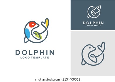 Beauty Colorful Dolphin Orca Whale Fish Ocean Creatures Sea Life Logo design with simple Mono Line Art style