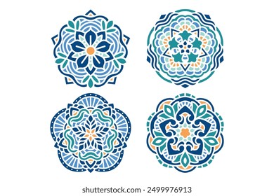 beauty and colorful floral mandala art round ornament design sets for boutique, fashion, jewelery. abstract flower petal pattern vector illustration. feminine botanic geometric decor collections