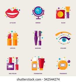 Beauty colorful vector icons set: lip gloss, mirror, blush, lipstick, mascara, eyeliner, nail polish, foundation, fragrance