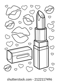 Beauty coloring book. Lipstick. Kisses. Coloring book for children and adults. Black and white vector illustration.