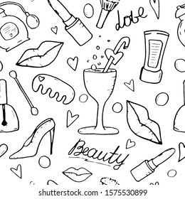 Beauty coloring seamless pattern. Isolated doodle elements. Woman glamour trendy style. Fashion collection. Perfume, comb, eye, shoe, champagne glass, maskara, lipstick, lips, creame, nail polish.