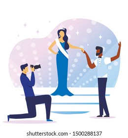 Beauty Competition Conclusion Vector Illustration. Contest Winner, Show Host and Cameraman Cartoon Characters. Man and Young Woman in Tiara and Sash Holding Hands. Photographer Taking Photo