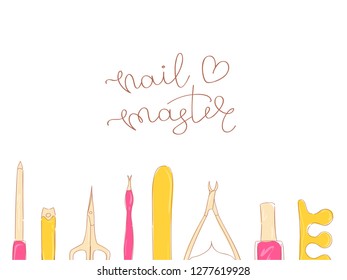 Beauty Composition For Nail Master. Fun Drawing Style. Light colors.