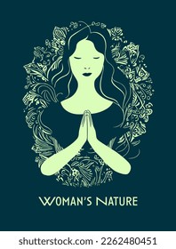 Beauty concept - Beautiful woman with a bouquet of flowers around her, raises her hands, and prays. Vector flat illustration. Good for national woman's day.