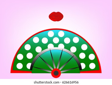 Beauty Concept, flamenco fan icon and red lips, Vector illustration