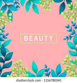 Beauty concept. Herbal pre-made composition. Natural products and cosmetics. Summer wild herbs with space for your text on pink background. Healing Herbs for cards, package, banners, label design