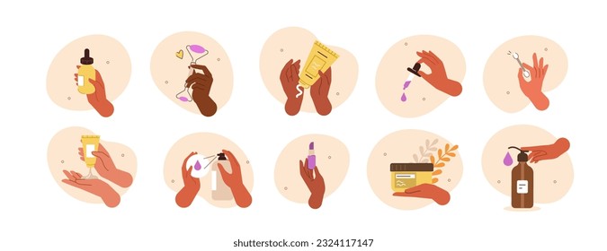 Beauty concept illustration. Collections of women characters hands taking care about skin and using serum oil, moisture cleanser and other natural cosmetic products. Vector illustrations set
