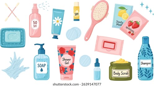 Beauty concept illustration. Collections of women characters hands taking care about skin and using serum oil, moisture cleanser and other natural cosmetic products. 