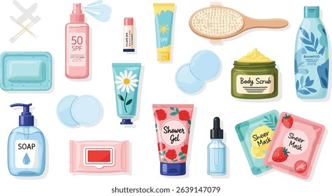 Beauty concept illustration. Collections of women characters hands taking care about skin and using serum oil, moisture cleanser and other natural cosmetic products. 
