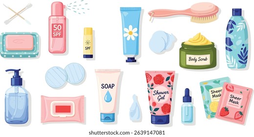 Beauty concept illustration. Collections of women characters hands taking care about skin and using serum oil, moisture cleanser and other natural cosmetic products. 