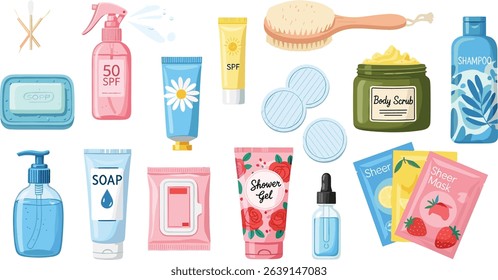Beauty concept illustration. Collections of women characters hands taking care about skin and using serum oil, moisture cleanser and other natural cosmetic products. 