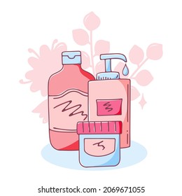 Beauty concept of products for cleansing and skin care. Cosmetic bottles and jars isolated on the background. Vector illustration of hand-drawn elements.