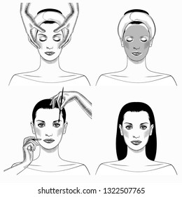 Beauty concept. Spa facial Massage. Face Massage in beauty spa salon. Make up woman face. Beautiful female portraits. Vector Illustration.