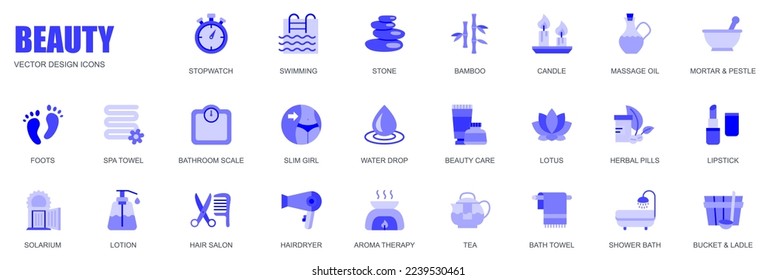 Beauty concept of web icons set in simple flat design. Pack of stopwatch, swimming, stone, bamboo, candle, massage oil, foots, spa, scale, slim girl and other. Vector blue pictograms for mobile app