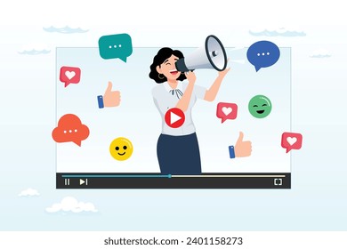 Beauty confidence woman with megaphone on video media player, video marketing, live stream or media clip to promote brand, influencer advertising, content marketing or online digital campaign (Vector)
