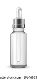 Schönheitsbehälterglas für Öl. Leere Flasche mit Tube und Verschlusskappe Design Vektorgrafik. Mocken Sie eine Musterverpackung für kosmetische Mittel für Gesundheit, einzeln auf weißem Hintergrund.