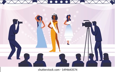 Beauty Contest Final Flat Vector Illustration. Elegant Contestants, Models in Fashionable Dresses Cartoon Characters. Competition Winner in Tiara and Sash. Award Ceremony Shooting, Recording