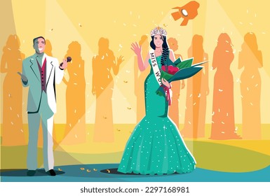 Beauty contest flat composition beautiful woman in the green dress with the crown on her head stands on stage vector illustration