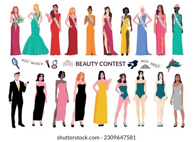 Beauty contest flat icon set with beautiful girls in dresses of different colors and for different contests vector illustration