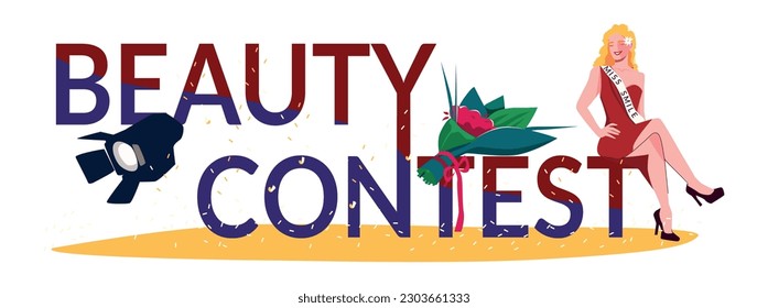 Beauty contest flat text composition big letters and woman with miss smile ribbon sits on one of the letters in the red dress vector illustration