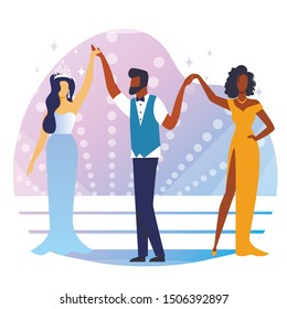 Beauty Contest Winner Announcement Illustration. Competition Contestants and Judge Cartoon Characters. Show Host Raising Winner Hand. Young Women in Fashionable Evening Gowns on Stage