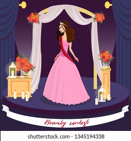 Beauty Contest Winner Vector Greeting Card Concept. Miss Universe, Prom Queen Cartoon Character. Elegant Lady in Evening Gown, Tiara, Ribbon. Young Fashionable Woman standing on Stage Illustration