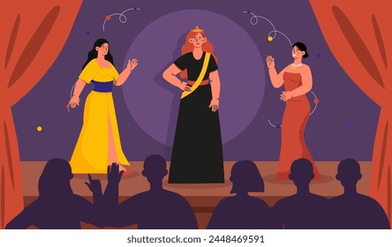 Beauty contest women concept. Young girls in trendy dresses at scene or stage. Models performing at catwalk. Fashion and style, aesthetics and elegance. Cartoon flat vector illustration