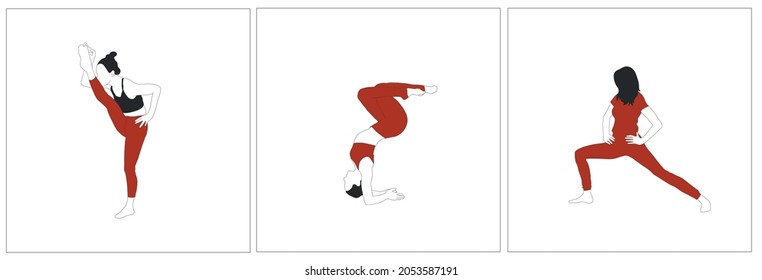 Beauty control silhouette of woman doing yoga. Different asanas. Set of cards for posters, printable art, decor for interior yoga studio. Hand drawn flat female character. Healthy body. Meditation. 