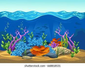 beauty coral, sponges, algae and stone in the sea. vector illustration of the sea. cartoon. summer