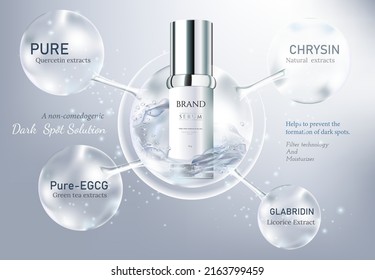 Beauty cosmetic ads. Glass product with water in atom molecule. Cosmetics bottles mockup banner. Realistic 3d vector  - Shutterstock ID 2163799459