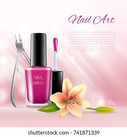 Beauty cosmetic ads images of nail polish and tweezers with tender flowers. Colorful realistic vector illustration