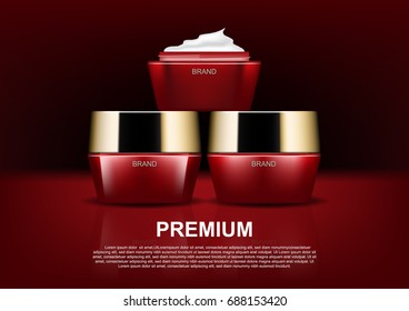 Beauty cosmetic ads, opened red cosmetic cream on dark background concept design