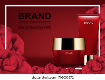 Beauty cosmetic ads, red cosmetic with roses on red background and white frame