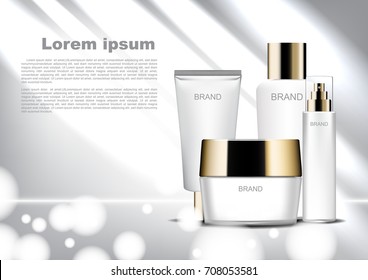 Beauty cosmetic ads template, white cosmetic set with shining light and bokeh