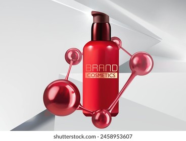 Cosmético de la belleza con la molécula del átomo. botellas de cosméticos Anuncio de maqueta. Vector 3d realista