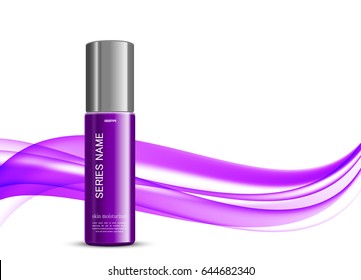 Beauty cosmetic design template with skin moisturizer purple realistic bottle on wavy soft dynamic elegant light lines background. Vector illustration