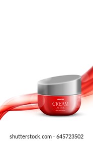 Beauty cosmetic design template with skin moisturizer red realistic container on wavy soft shiny dynamic lines background. Vector illustration