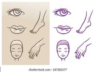 Beauty cosmetic icon set, eye, lips, face, hand, foot. Hand drawn vector illustration